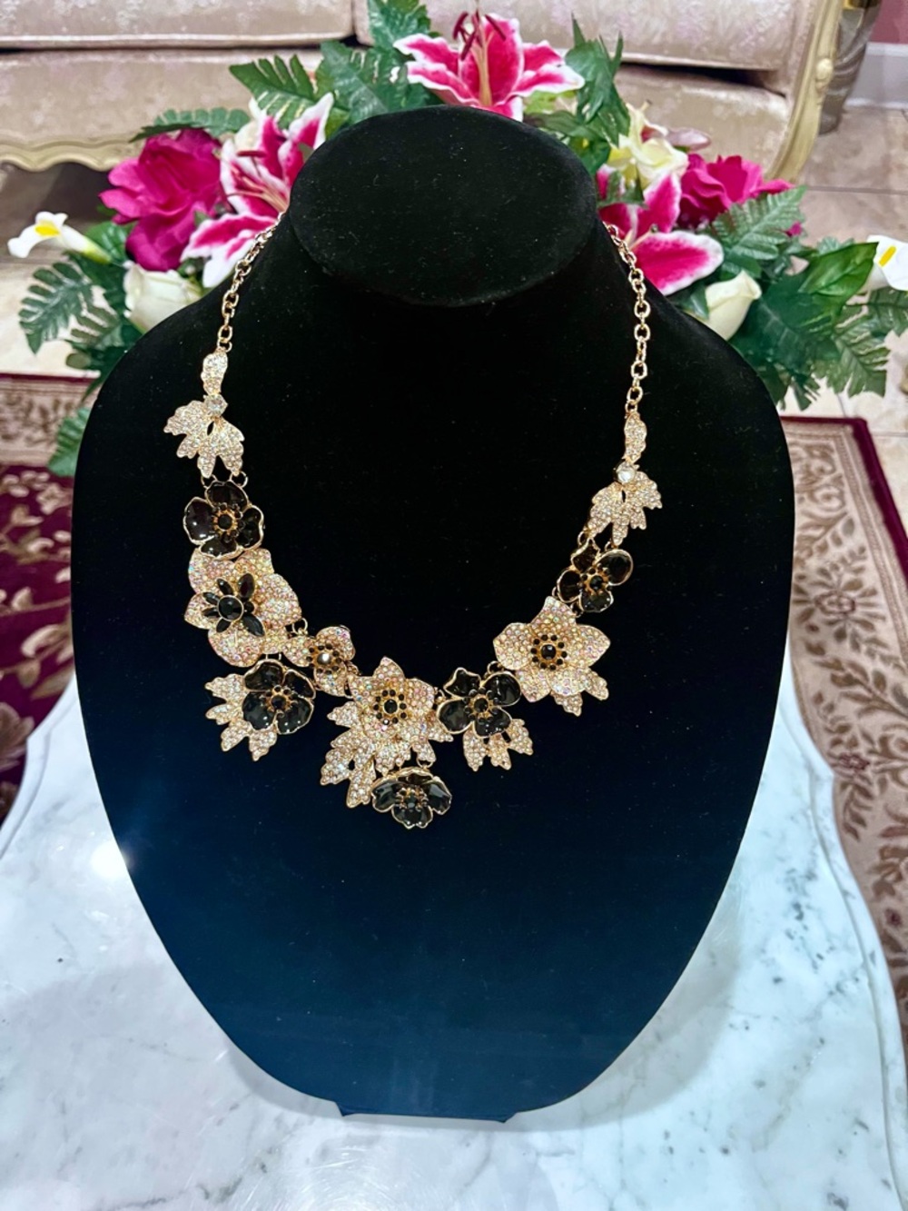 Natasha Couture Gold and Black Floral Crystal Statement Necklace